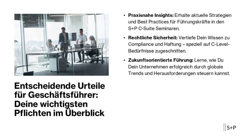 Geschäftsführer tragen immense Verantwortung, sei es im Umgang mit Finanzen, rechtlichen Verpflichtungen oder Datenschutzfragen. Diese Urteile beleuchten zentrale Themen und zeigen, wie Du Dich absichern kannst, um Risiken zu minimieren. Wer tiefer in diese Themen einsteigen möchte, findet beispielsweise im Seminarangebot des SP-Unternehmerforums wertvolle Unterstützung für die Praxis.