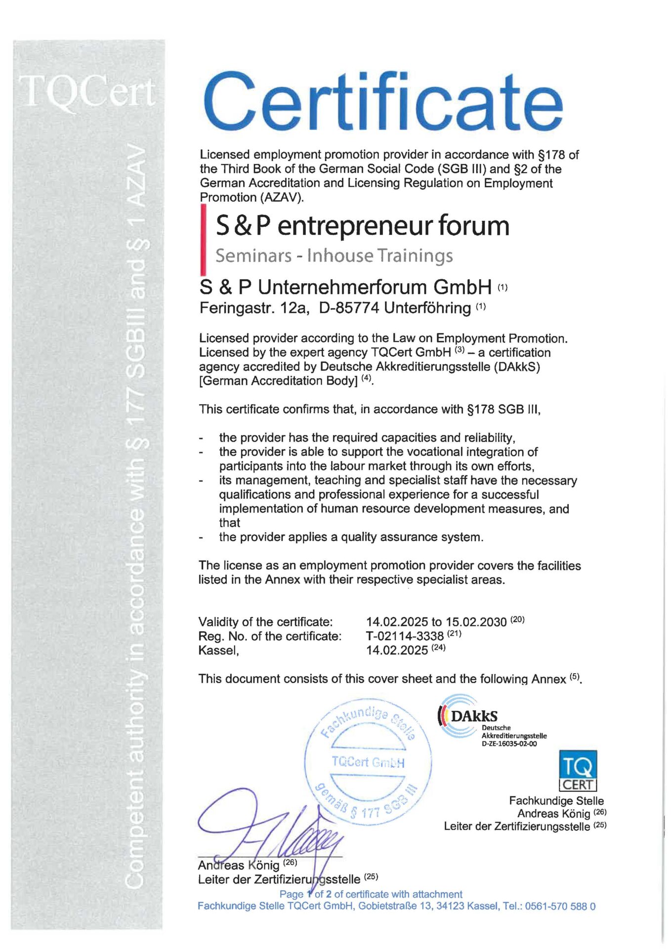 S+P Seminare: Erfolg durch zertifizierte Weiterbildung AZAV Certified S+P Seminars