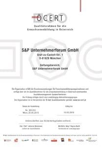 S+P Unternehmerforum - Zertifizierung ÖCERT - Seminarförderung Österreich
