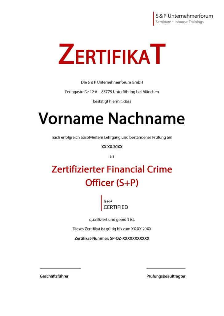 Zertifikat Lehrgang Zertifizierter Financial Crime Officer