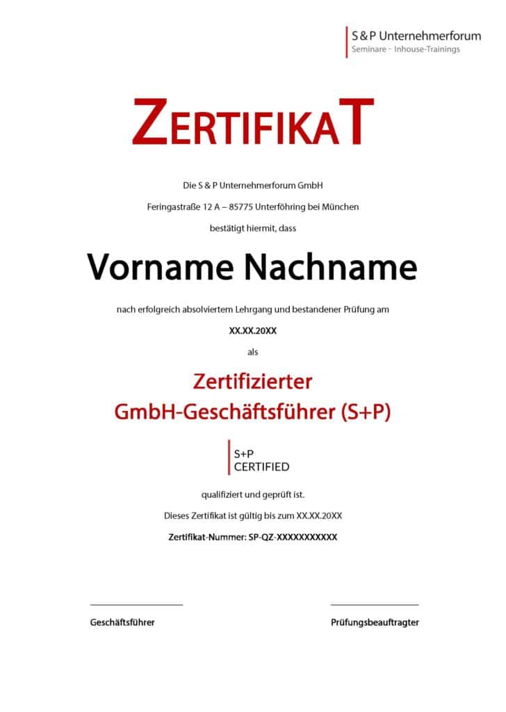 Zertifikat Lehrgang Zertifizierter GmbH-Geschäftsführer