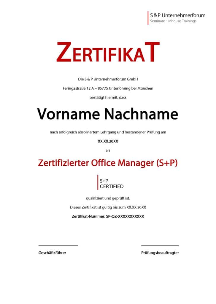Zertifikat Lehrgang Zertifizierter Office Manager