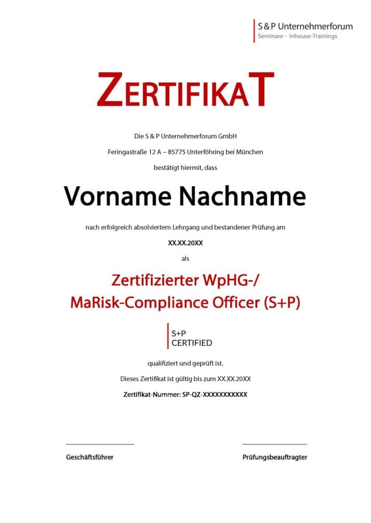 Zertifikat Lehrgang Zertifizierter WpHG- / MaRisk-Compliance Officer