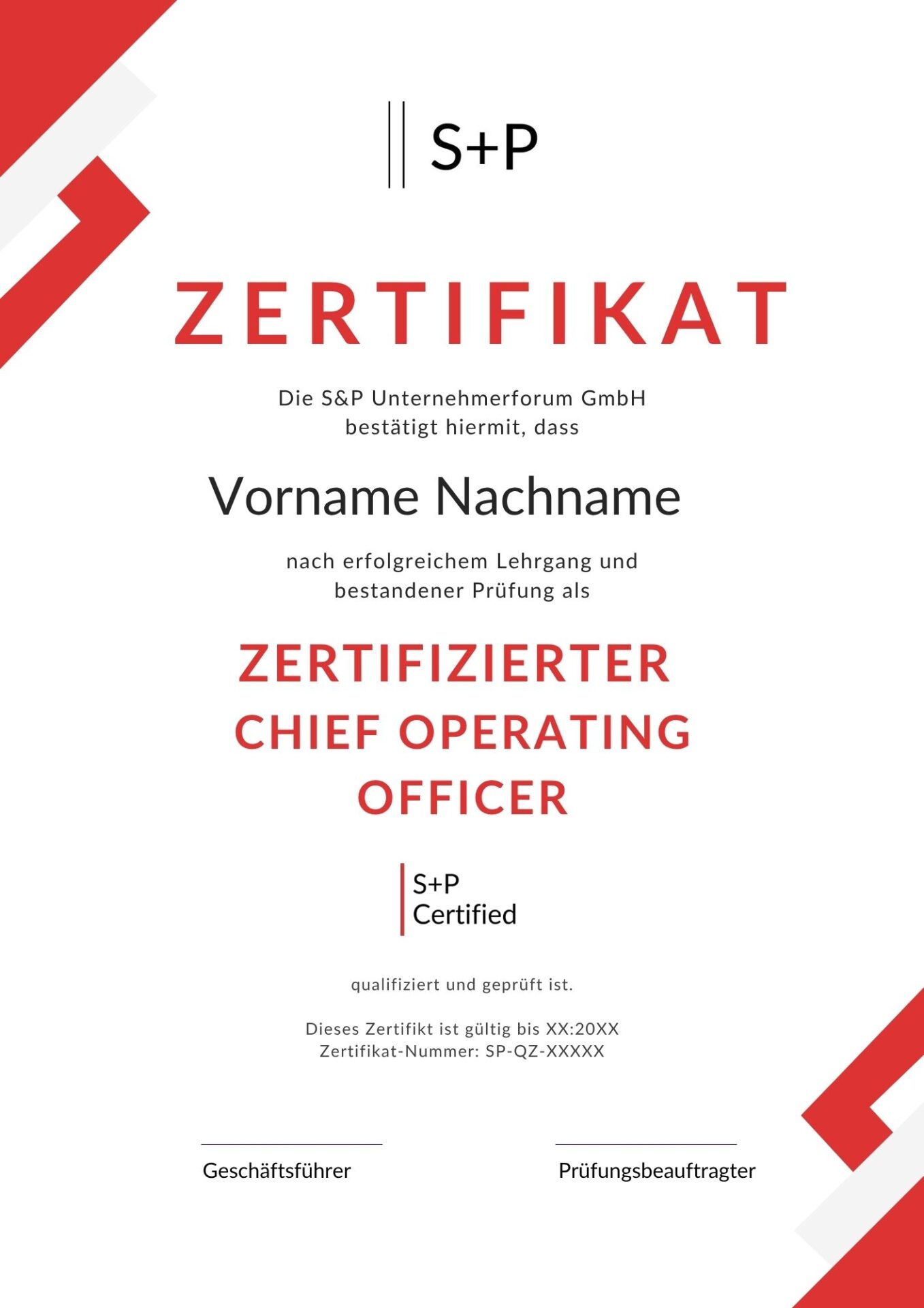S+P Lehrgang COO: Strategisches Management & Operative Exzellenz Certified Operating Officer Certified + Badges