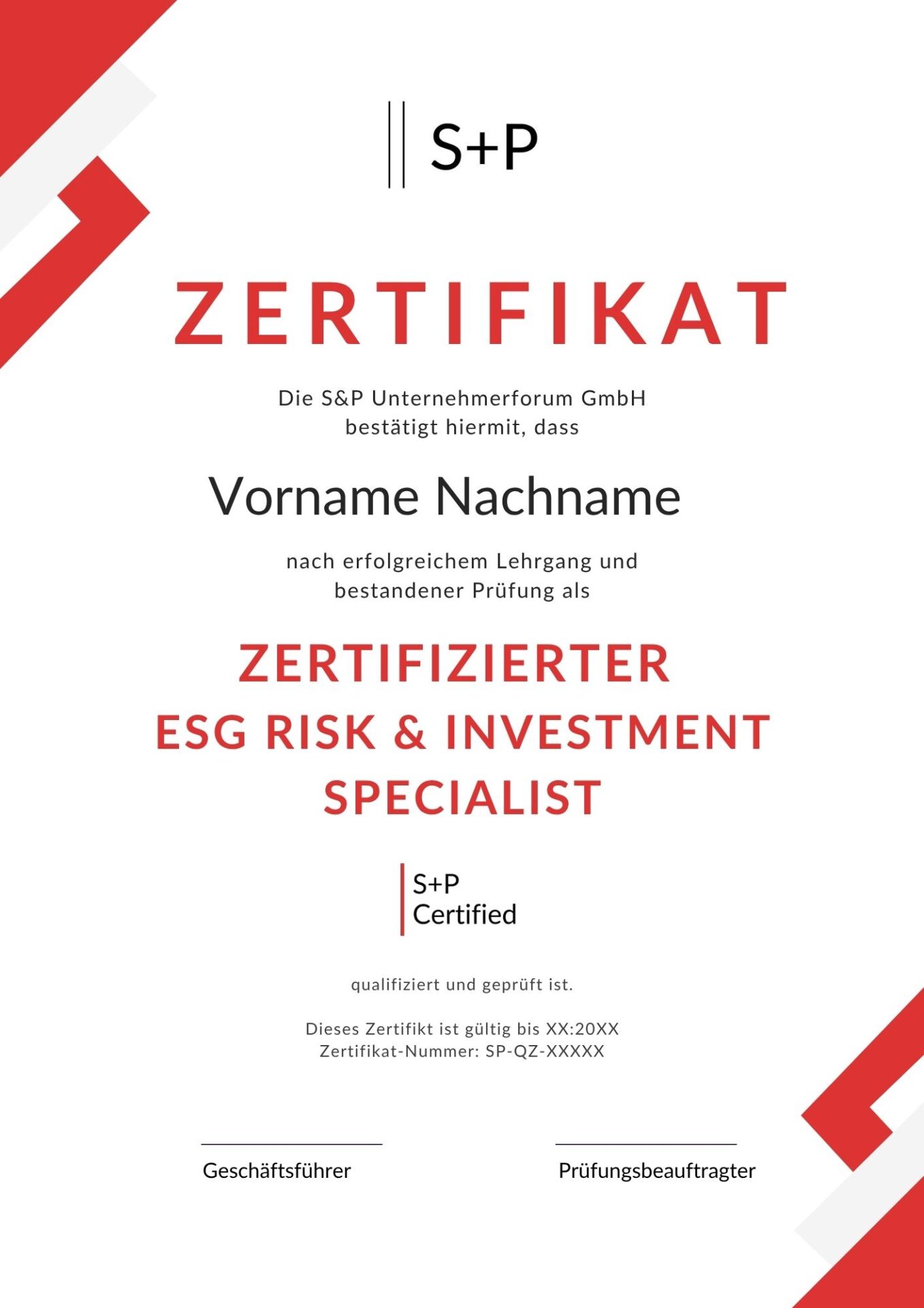 ESG Risk & Investment Specialist - S+P Lehrgang ESG Risk & Investment Specialist