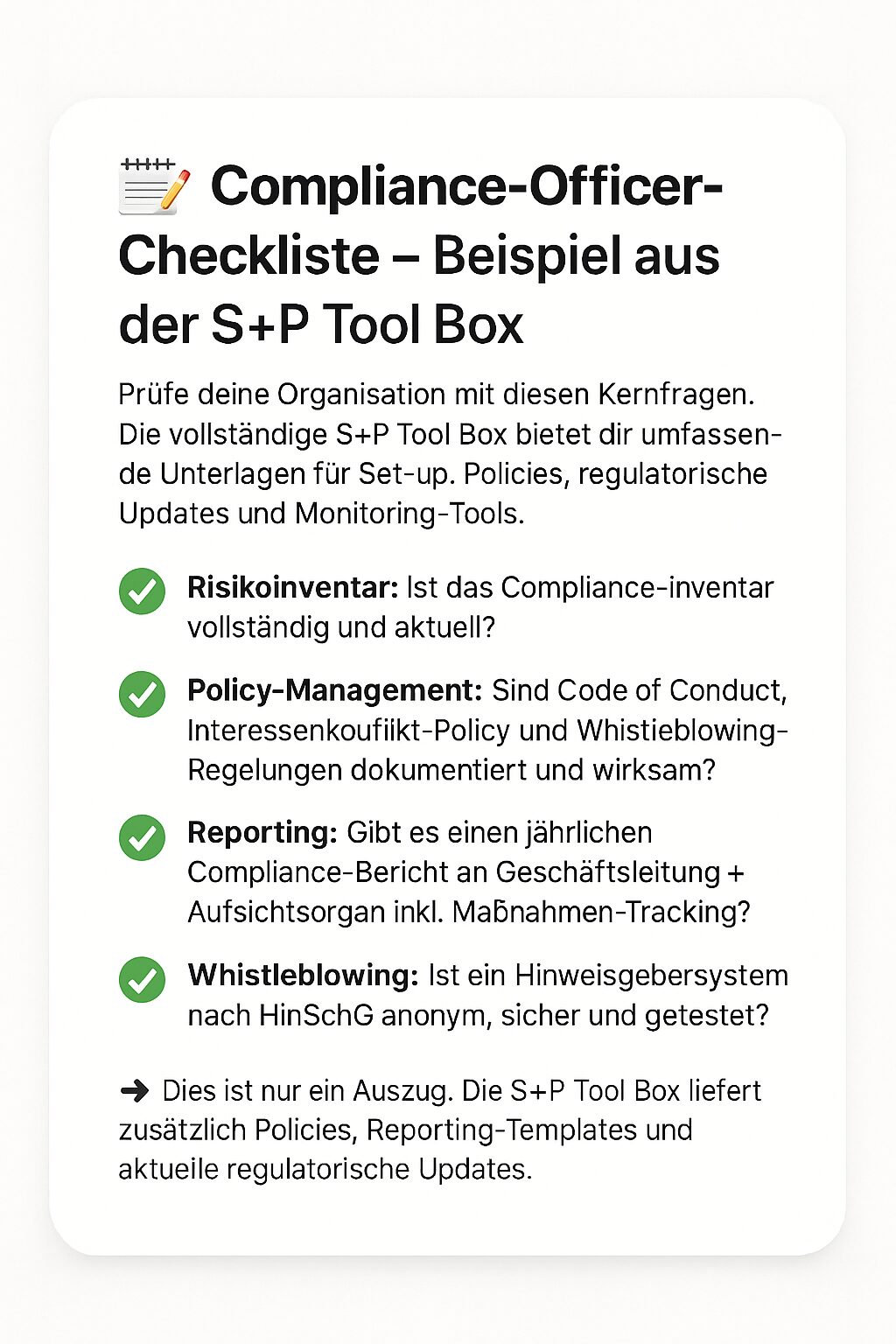Compliance Seminare, Schulungen & Lehrgänge 2026 mit Zertifikat Compliance-Officer-Checkliste – Beispiel aus der S+P Tool Box