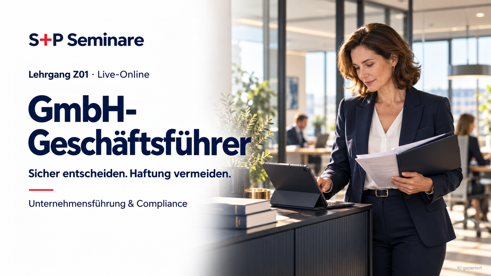 Zertifikats-Lehrgang GmbH-Geschäftsführer: Strategie & Compliance S+P Lehrgang Z01: GmbH-Geschäftsführer. Geschäftsführerin mit Vertragsunterlagen und Tablet im Büro.