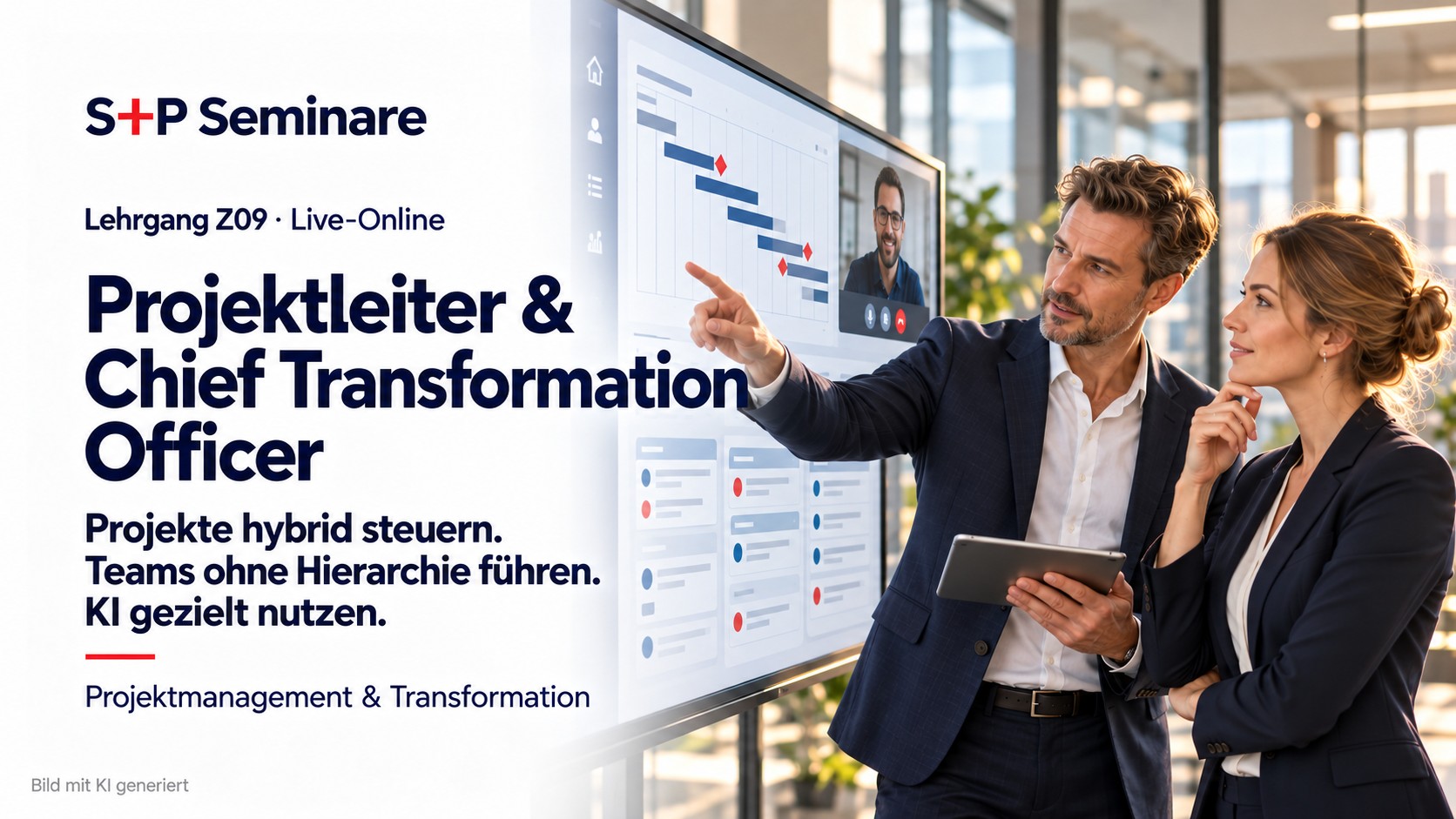 Projektleiter & Chief Transformation Officer: Projekte hybrid steuern, Teams ohne Hierarchie führen, KI gezielt nutzen S+P Lehrgang Z09 Projektleiter und Chief Transformation Officer: Zwei Fachkräfte planen ein Projekt am digitalen Board mit zugeschaltetem Teammitglied.