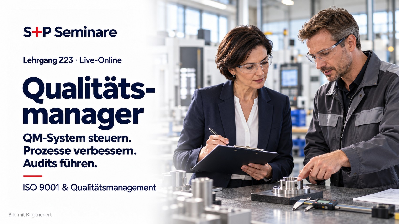 Qualitätsmanager: QM-System nach ISO 9001 steuern, Prozesse verbessern, Audits führen S+P Lehrgang Z23 Qualitätsmanager: Eine Qualitätsmanagerin und ein Produktionsverantwortlicher prüfen ein Bauteil an einem Prüfplatz.