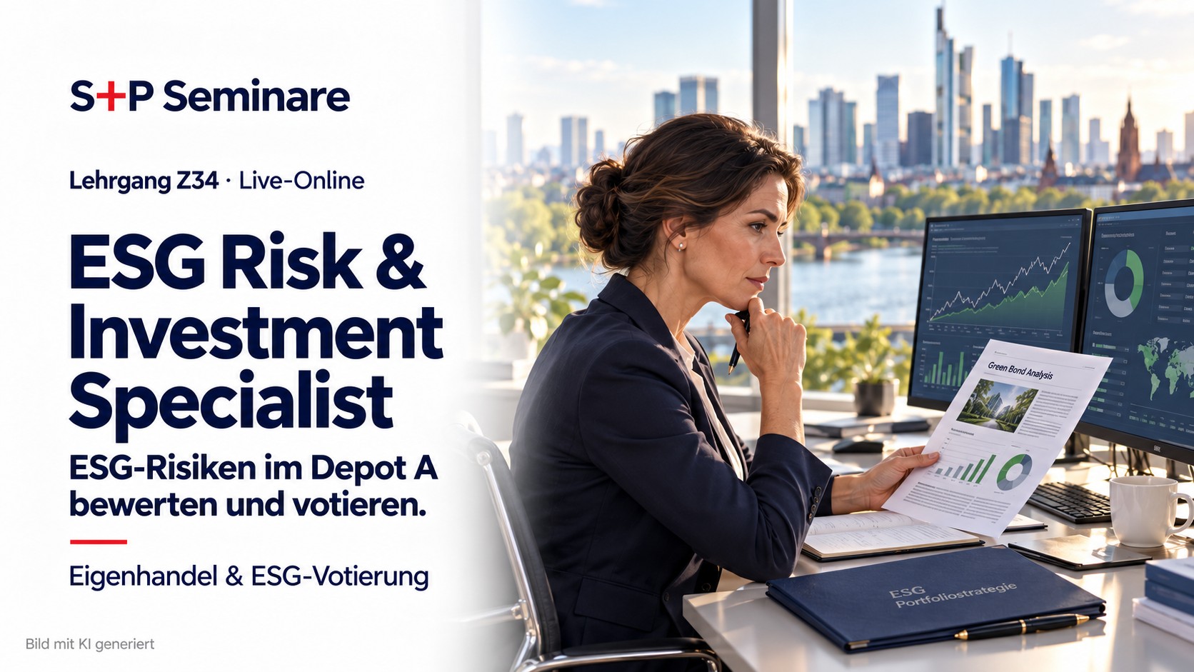 ESG Risk & Investment Specialist: ESG-Risiken im Depot A bewerten und votieren S+P Lehrgang Z34 ESG Risk & Investment Specialist: Eine Treasury-Spezialistin analysiert eine Green-Bond-Anlage neben Monitoren mit Portfoliokennzahlen.
