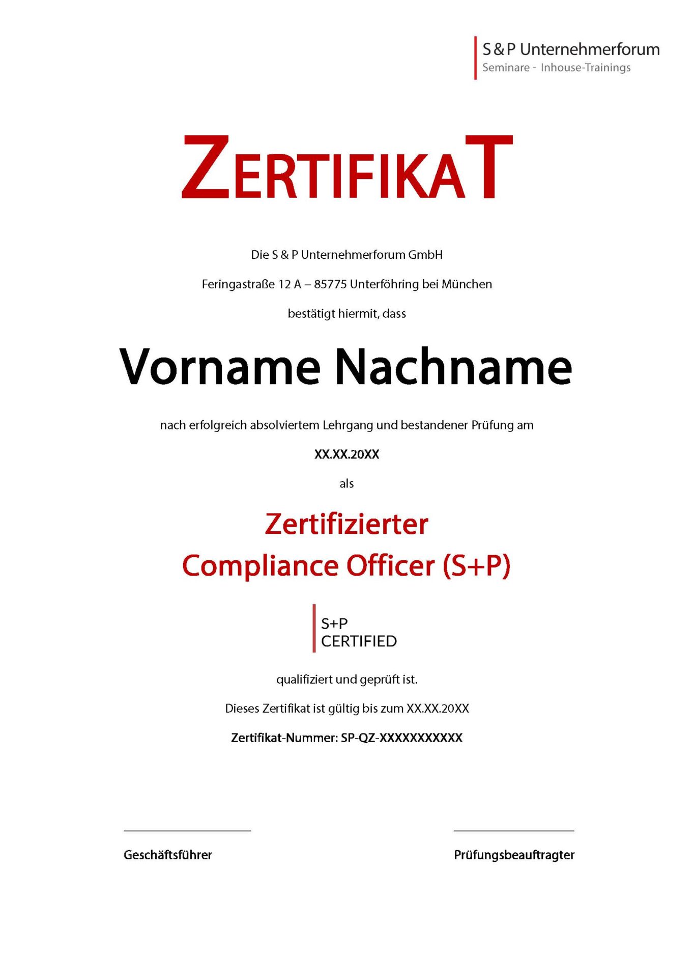Ausbildung zum Compliance Officer - S+P Lehrgang Musterzertifikat Compliance Officer