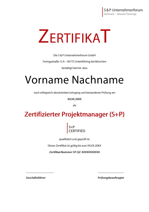 Seminare Projektmanagement in Stuttgart Musterzertifikat Projektleiter