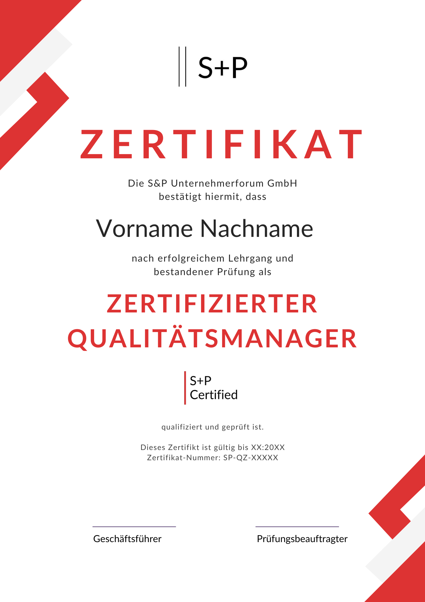Lehrgang Qualitätsmanager (S+P) Musterzertifikat Qualitätsmanager