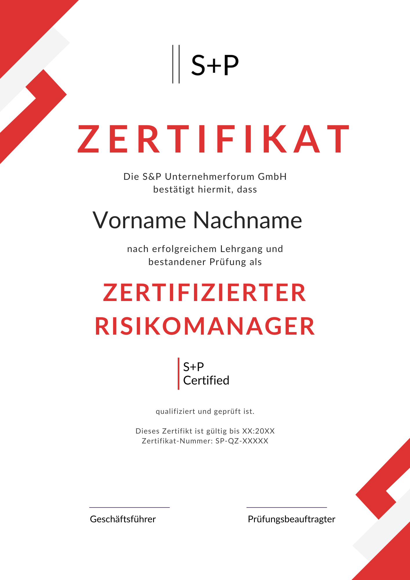 S+P Lehrgang Risikomanager: Risikomanagement, ESG & Nachhaltigkeit Lehrgang GmbH-Geschäftsführer
