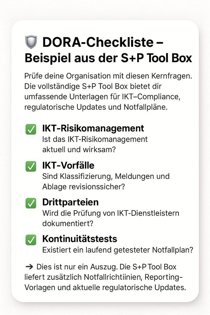 Third-Party Risk Management Übersicht – EBA Guidelines & DORA verstehen DORA-Checkliste | S+P Tool Box